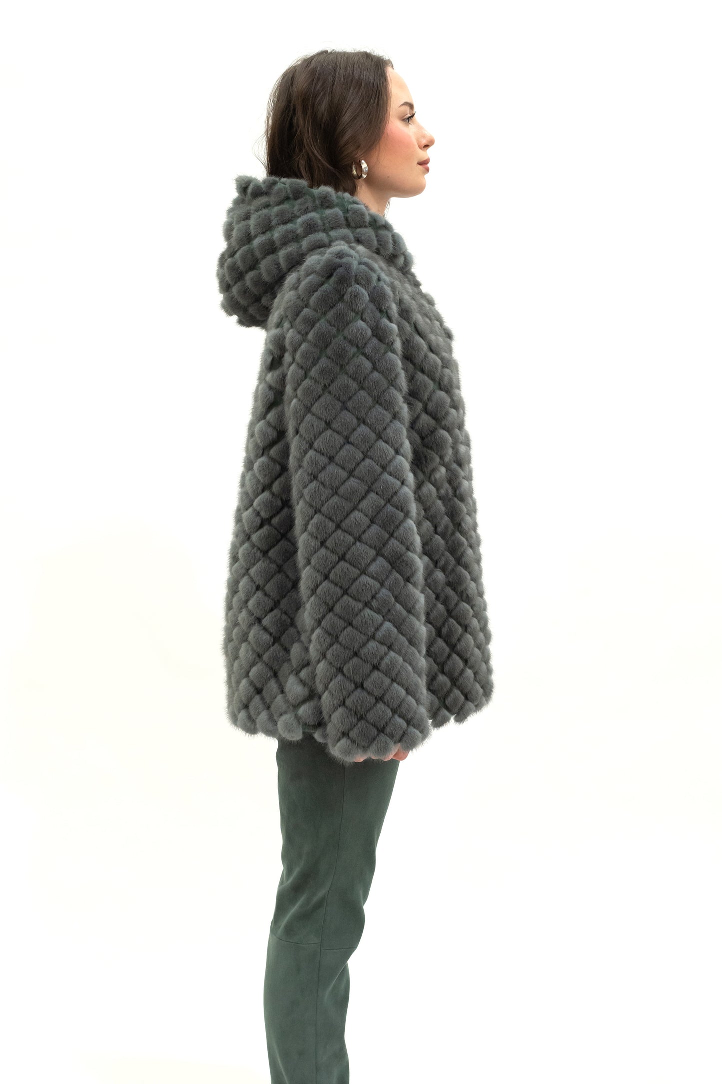 Nerzjacke mit Kapuze grau-grün