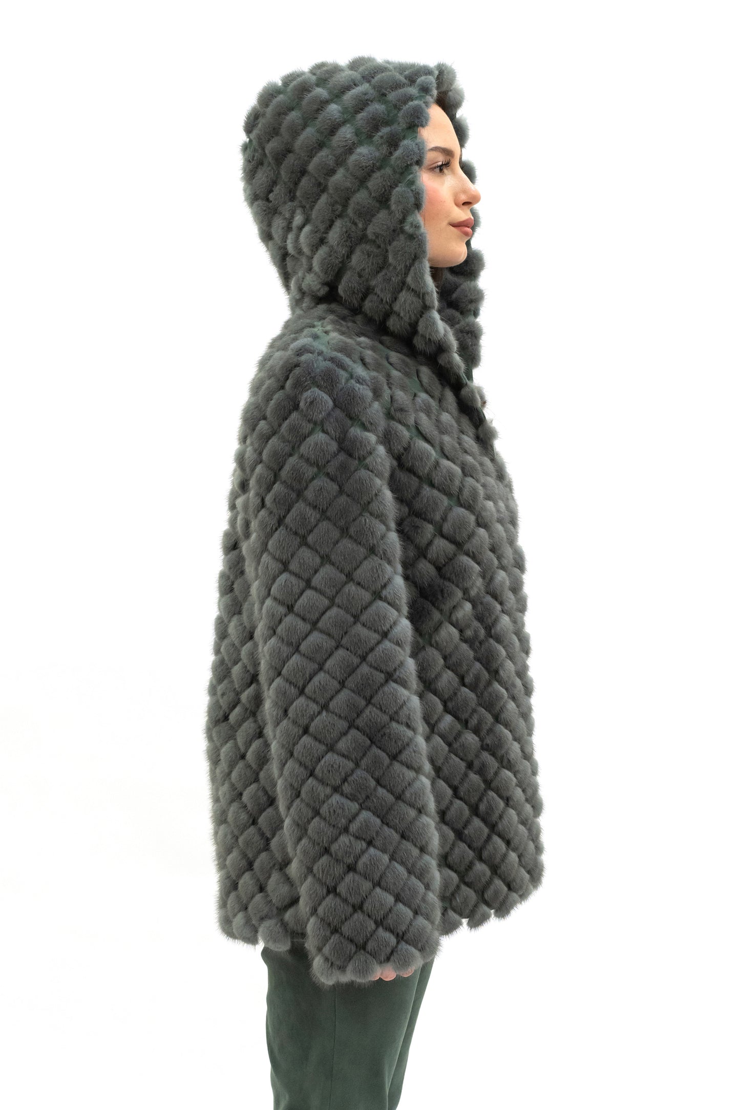 Nerzjacke mit Kapuze grau-grün