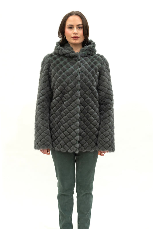 Nerzjacke mit Kapuze grau-grün