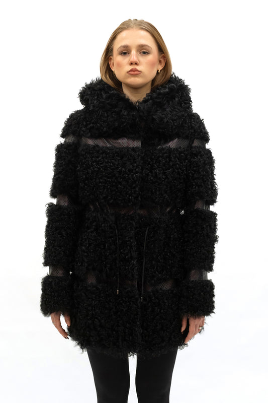 Parka aus lockigem Lammfell mit Kapuze schwarz